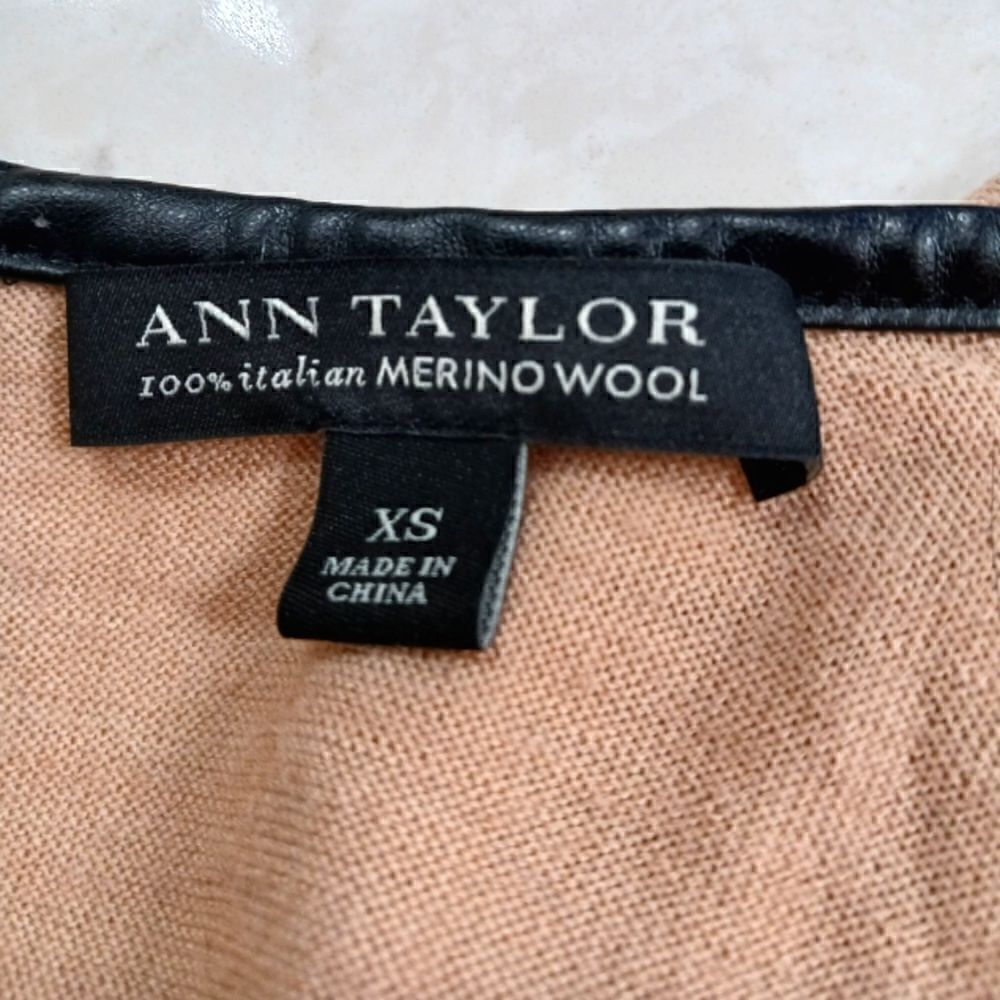 Ann Taylor Merino Wool Sweater with Faux Leather Black Trim in  Camel - Picture 9 of 11